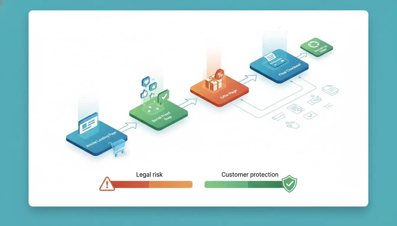 Isometric diagram showing an affiliate ecommerce funnel with a shopping cart and subscription flow balanced against legal risk versus customer protection.