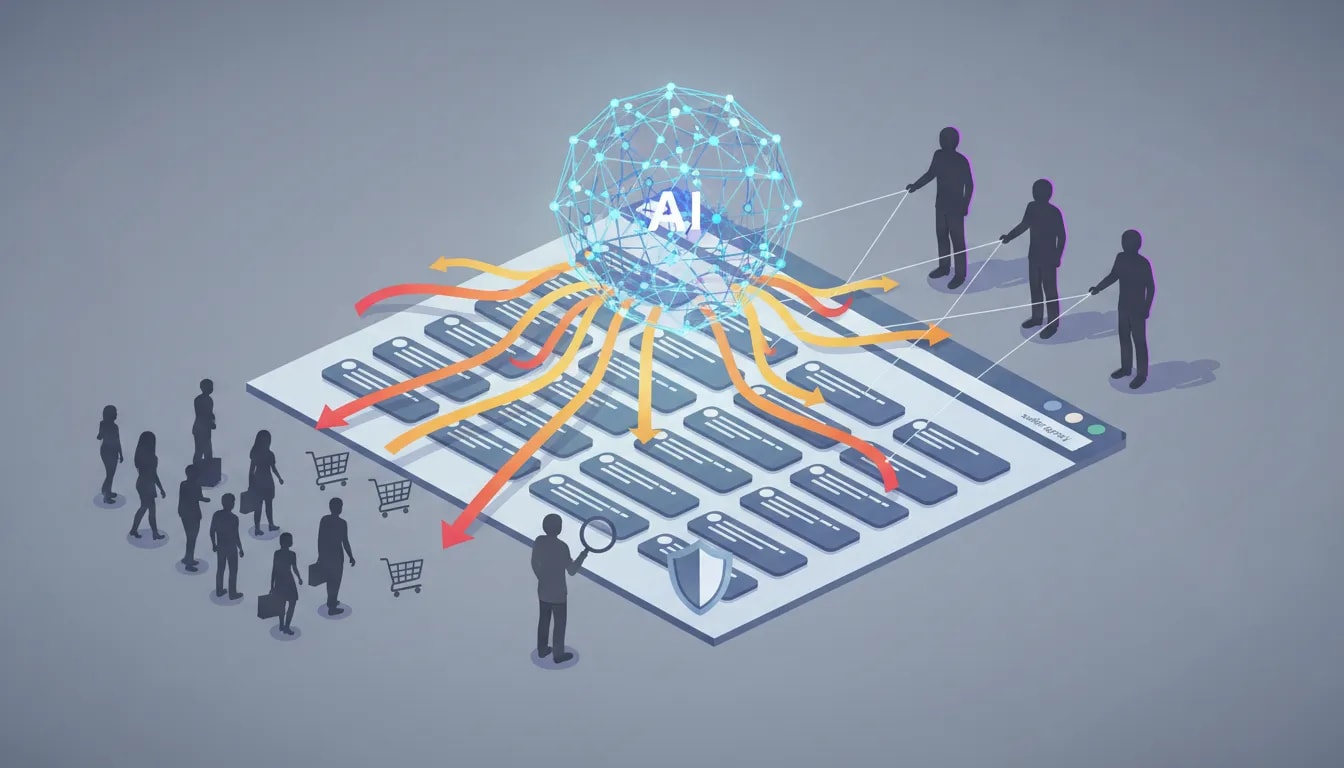 Illustration of an AI neural network connecting to forum comment bubbles, some controlled by puppet strings held by shadowy seller figures, steering shoppers toward carts while a moderator inspects comments
