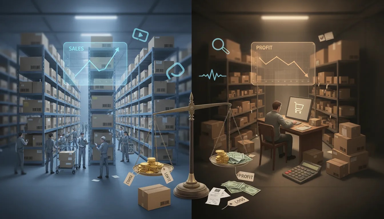 Conceptual split-scene of e-commerce in 2026: a busy fulfillment warehouse with rising sales contrasted with an independent seller facing falling revenue, a seesaw symbolizing profit versus loss, and abstract icons for social discovery and AI — no text.