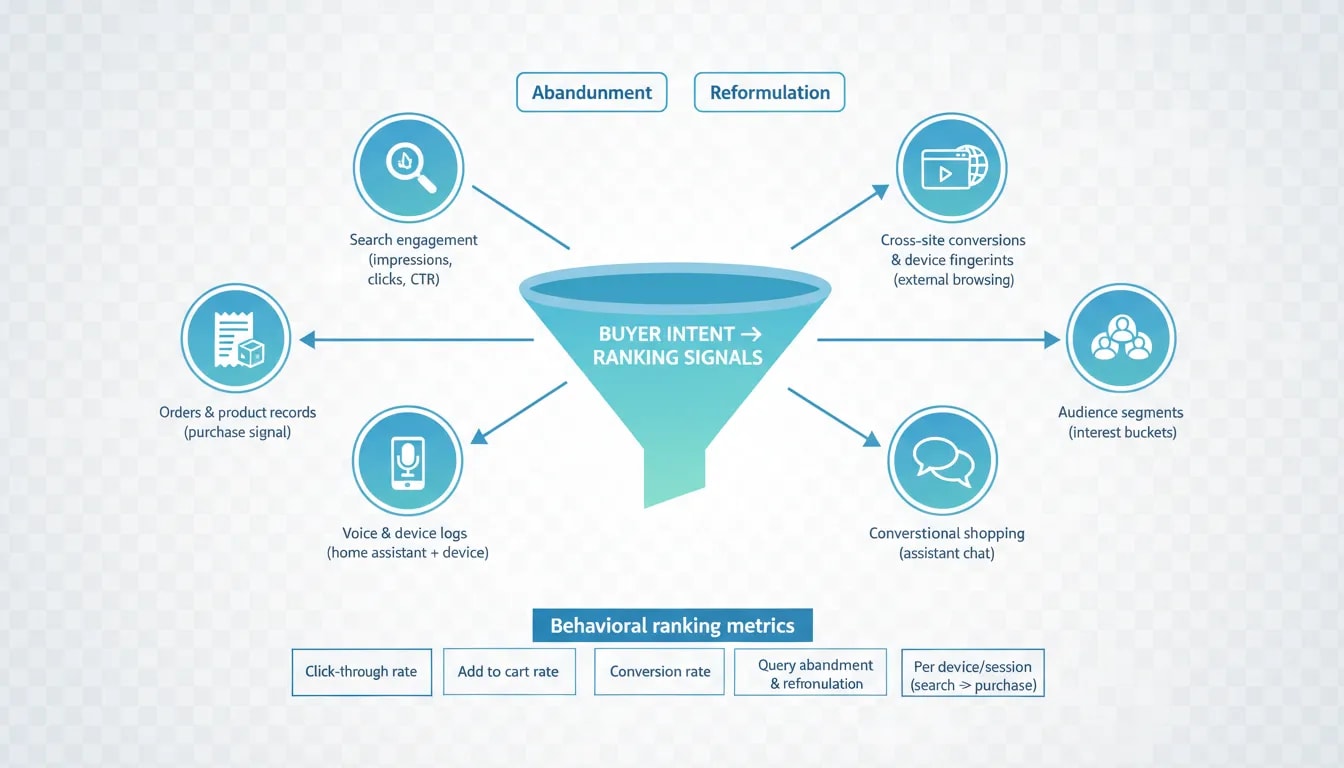 Infographic mapping Amazon shopper data categoriesโsearch engagement, orders, voice and device logs, cross-site conversions, audience segments, and conversational shoppingโto buyer intent and ranking signals.