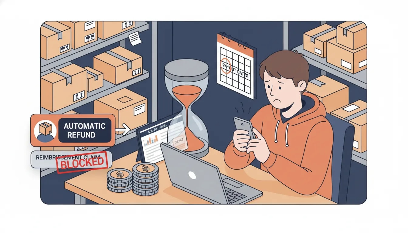 Isometric illustration of a marketplace seller dashboard showing delayed payouts, automatic refunds, and a blocked reimbursement claim