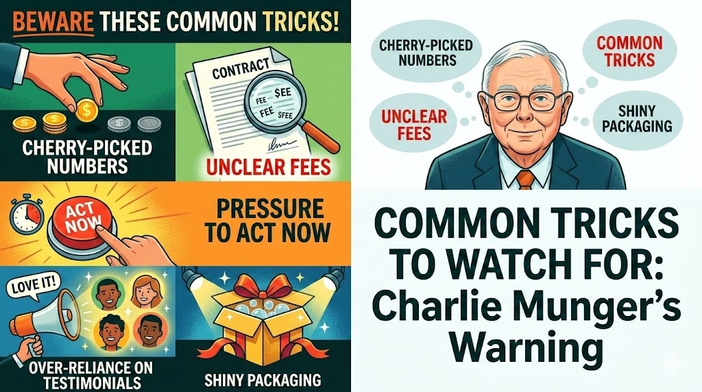 Common Tricks to Watch For Munger described a few specific tricks that show up again and again. Knowing them helps you move fast when you spot them. Cherry-picked numbers. Sellers will show a tiny set of wins and hide the long list of losses. Unclear fees. Hidden costs eat returns. Ask for full fee lists and past client results after fees. Pressure to act now. Urgency often masks a lack of merit. Good offers stand up to delay. Over-reliance on testimonials. Stories sell, but they do not prove effectiveness. Shiny packaging. Fancy reports or slick slides do not replace math or evidence.