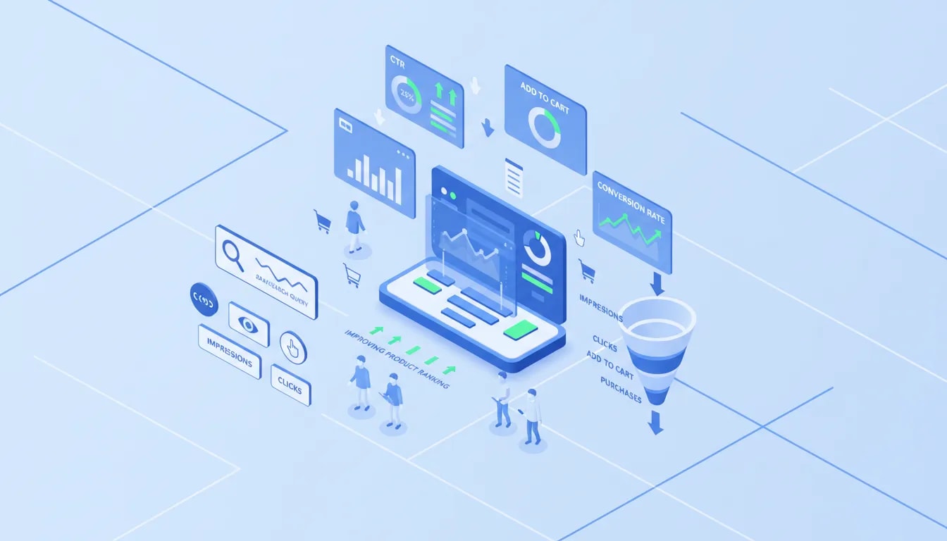 Isometric illustration of an e-commerce analytics dashboard showing shopper behavior signals like impressions, clicks, add to cart, and rising product ranking metrics