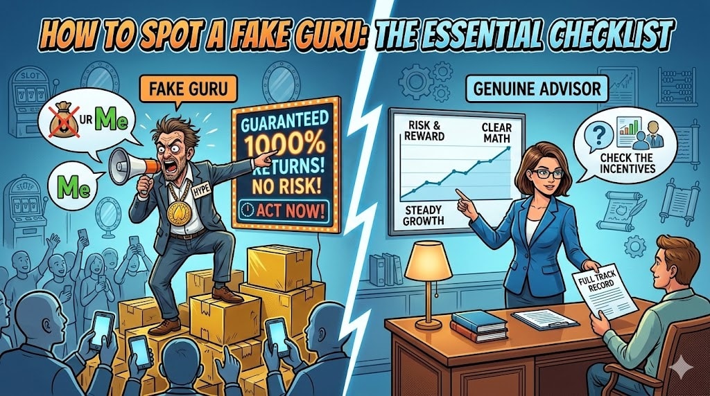 How to Spot a Fake Guru Identifying a fake guru takes work. It asks you to look for patterns more than one time traps. Munger offered clues through his tone and stories. From these we can build a checklist you can use today. Check the incentives. Who gains if you buy their product? If the seller earns by getting more buyers, not by better outcomes for clients, think twice. Look for unrealistic promises. Claims of guaranteed large returns with low risk are a red flag. Markets do not reward certainty at extreme levels. Ask for simple math. Any claim that cannot be shown in plain numbers or consistent past results deserves skepticism. Examine the track record carefully. Public claims should match past outcomes. If the numbers do not add up, do not accept the story. Watch sales tactics. Pressure to act now, fear of missing out, or offers that require secrecy all block good decision making. Seek independent views. Get a second opinion from someone with no stake in your choice. Few things in finance stand on one leg. Good offers show honest risks, clear math, and steady records. Fake gurus lean on emotion and secrecy.