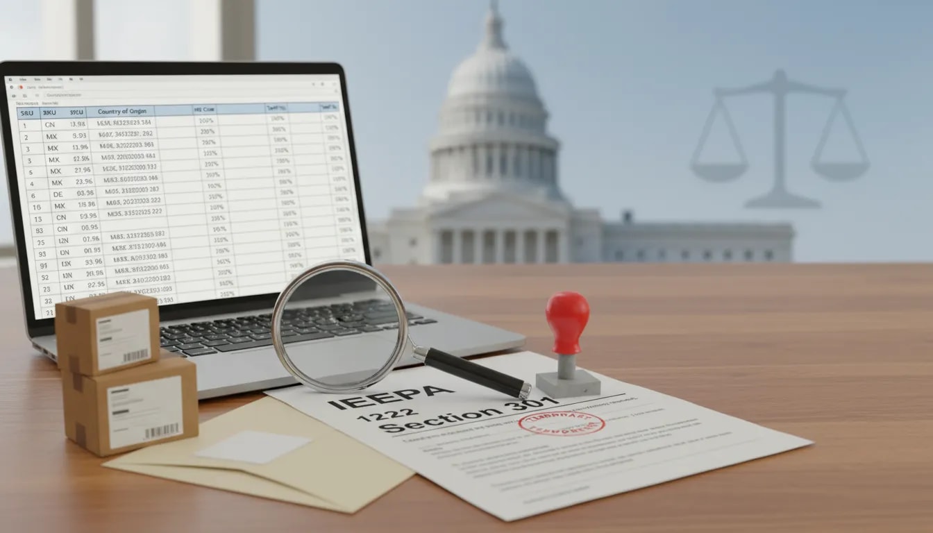 Flat-lay of laptop with tariff spreadsheet, shipping boxes and customs documents labeled IEEPA, Section 122 and Section 301 under a magnifying glass, with a faint government building and scales of justice in the background.