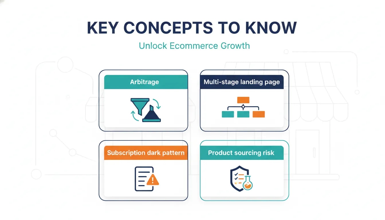 Infographic showing definitions of arbitrage, multi-stage landing pages, subscription dark patterns, and product sourcing risk for ecommerce affiliate marketing.