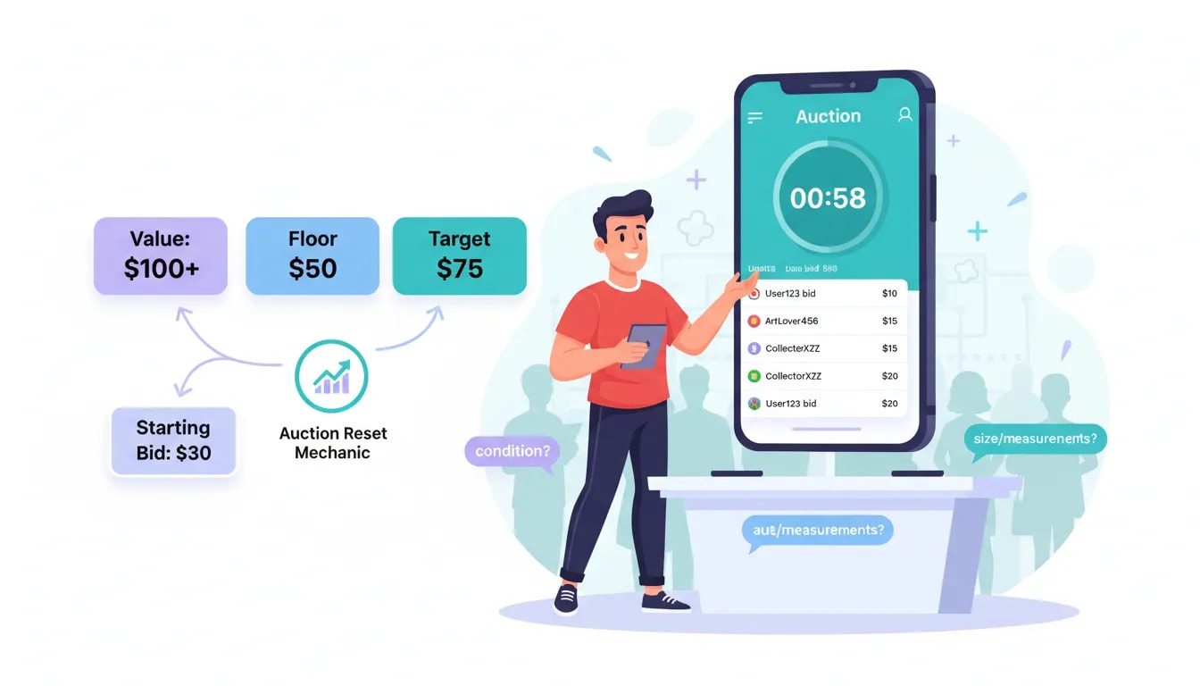 Infographic showing live auction pricing strategy with Value, Floor, and Target numbers plus auction reset and buyer question chat bubbles