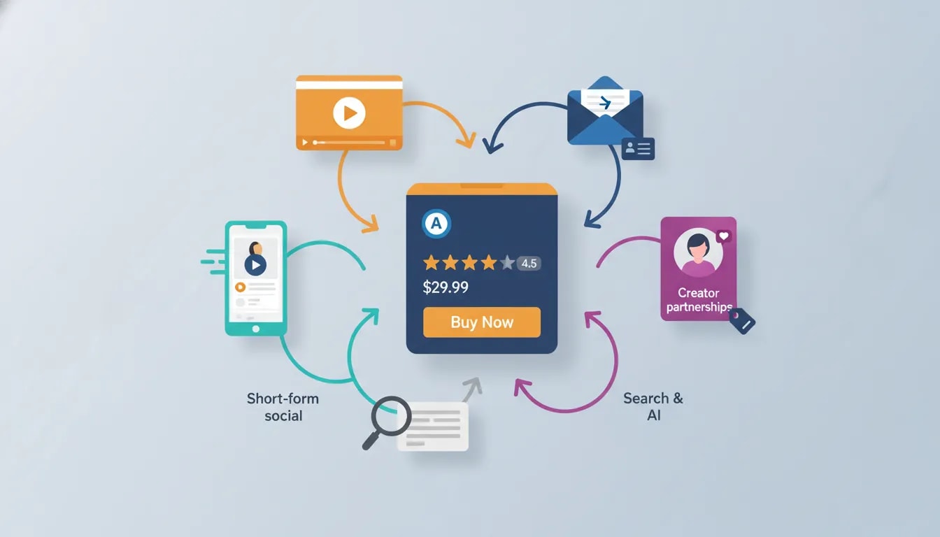Flat vector illustration of marketing channels — short-form social, long-form video, email, creators and search/AI — funneling traffic into an Amazon product listing