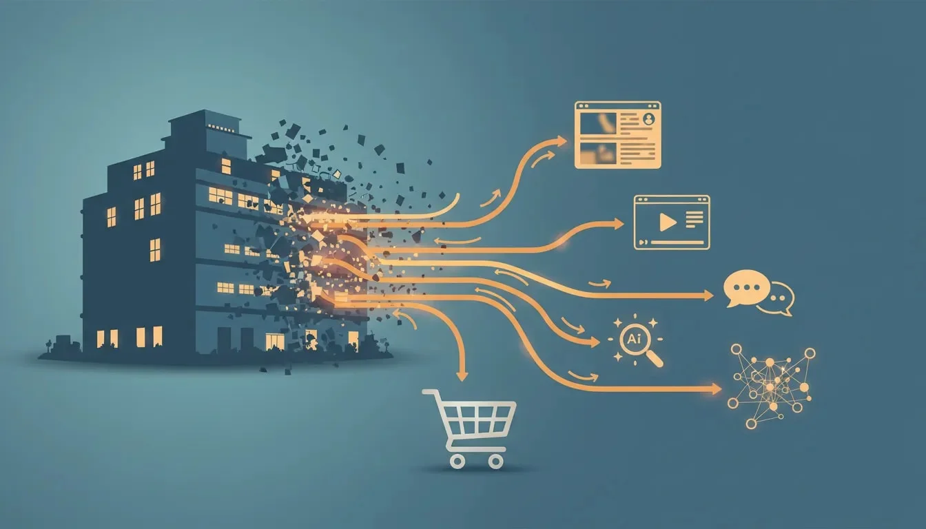 Illustration showing shoppers discovering products across social, video, search, and AI tools with pathways leading toward a shopping cart, suggesting a move away from a single marketplace.