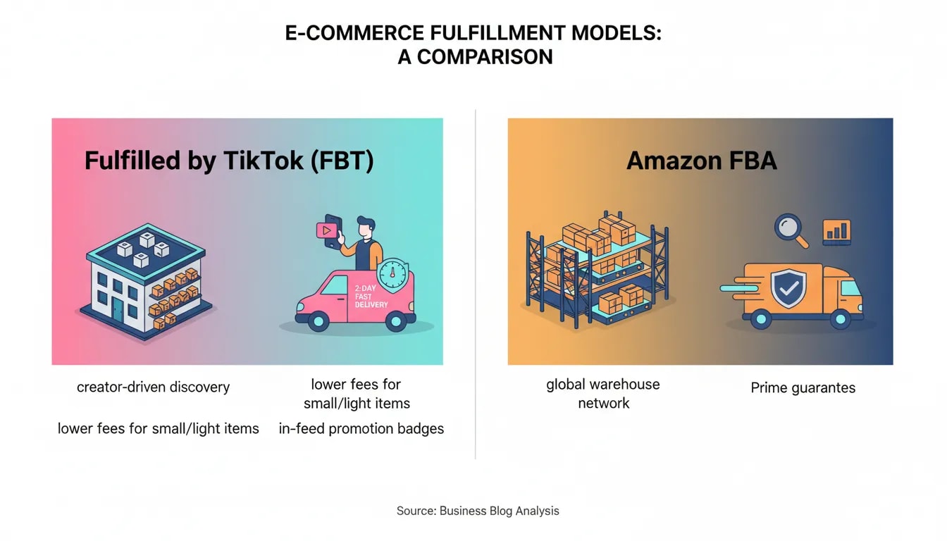 What is Fulfilled by TikTok Fulfilled by TikTok, often shown as FBT, is TikTok Shopโs logistics option. Sellers send inventory to TikTok fulfillment centers. TikTok then stores, packs, and ships orders for purchases made through the in-app shopping experience. The program aims to shorten delivery time and make products eligible for in-feed promotion tags that increase visibility. How FBT differs from Amazon FBA at a glance Control of discovery โ TikTok controls who sees product videos through its algorithm and creator network. Amazon relies on search and paid ads for discovery. Fulfillment model โ Both are third party fulfillment systems. Amazon operates a global warehouse network with Prime guarantees. TikTokโs logistics are newer and focused on sellers on its platform. Fees and incentives โ TikTok often offers lower fulfillment fees for small, light items and adds promotional incentives for products using its fulfillment. Amazon has larger fixed infrastructure costs, which often means higher per unit fees for similar items. Marketing mechanics โ TikTok leverages creator affiliates and organic feed reach. Amazon requires SEO and pay per click ads for visibility on search pages. Common seller questions this change raises Will switching to FBT increase my profit per sale? Can I run both platforms at once and split inventory? How do I decide which SKUs to move? What are the operational risks of moving to TikTok fulfillment? How will this affect my Amazon listing rank if I sell the same product elsewhere?