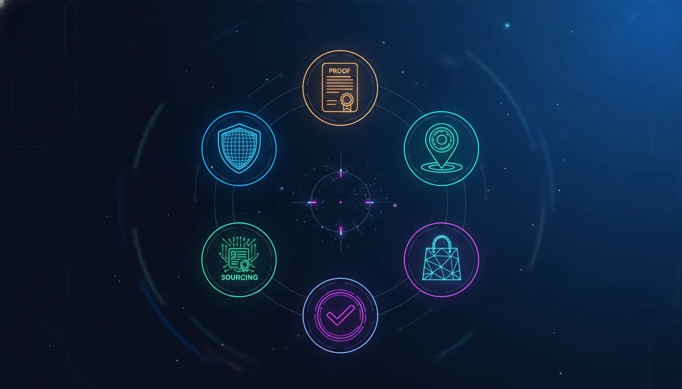Illustration showing five trust-focused e-commerce niche category icons connected in a 2026 technology-inspired composition with a central selection glow, with no text.
