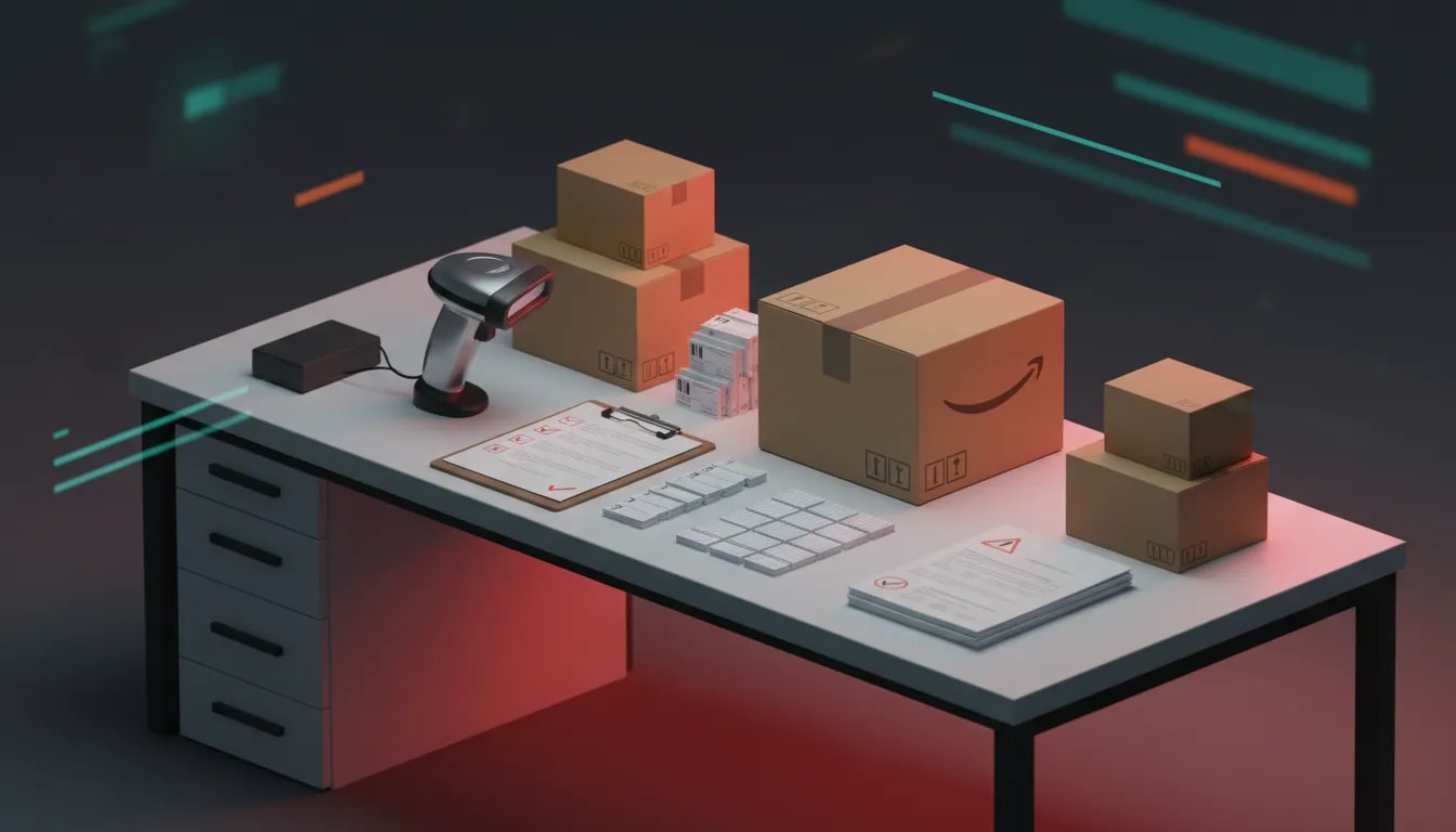 Illustration of Amazon FBA operations in 2026 showing barcode scanning, compliant documents, labeled shipping boxes, and a strict logistics checklist—without any text.