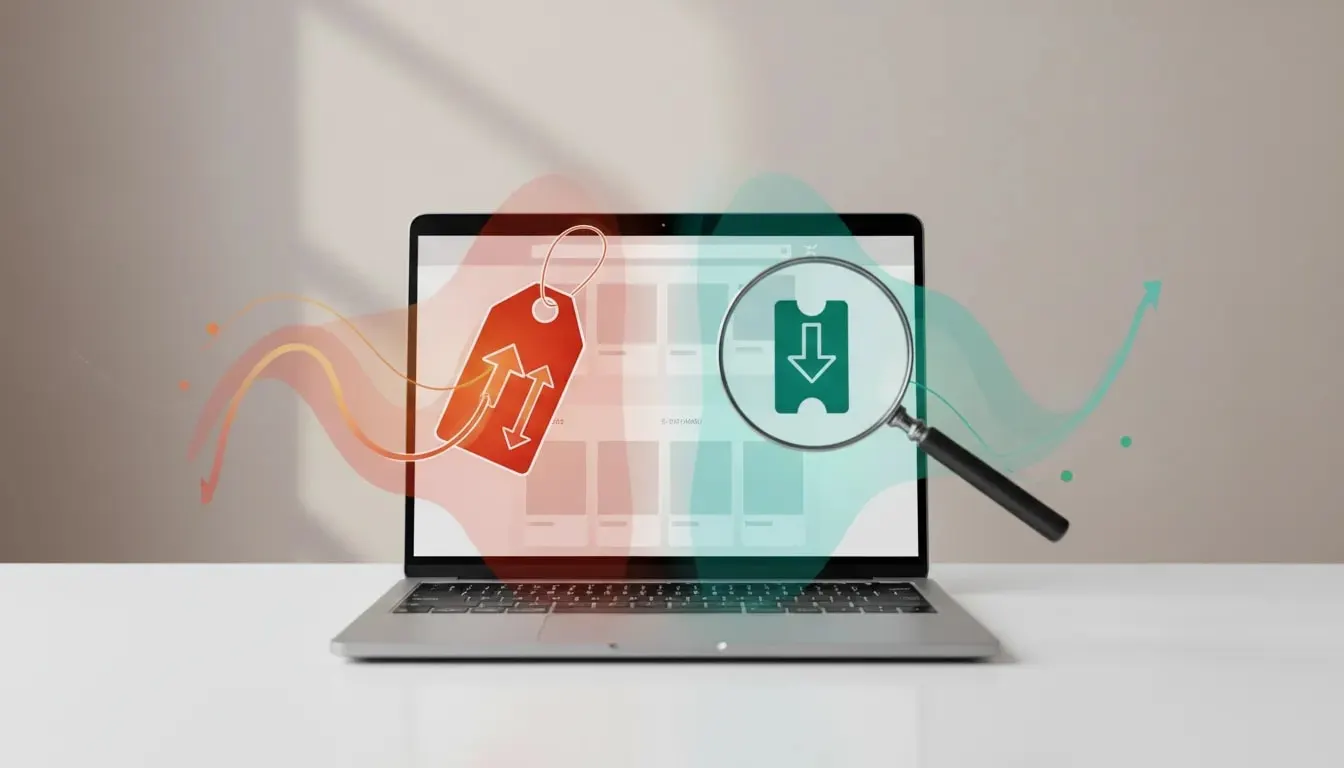 Illustration of deal hunting on an online marketplace with rising price cues and a magnifying glass highlighting better options, with no text.