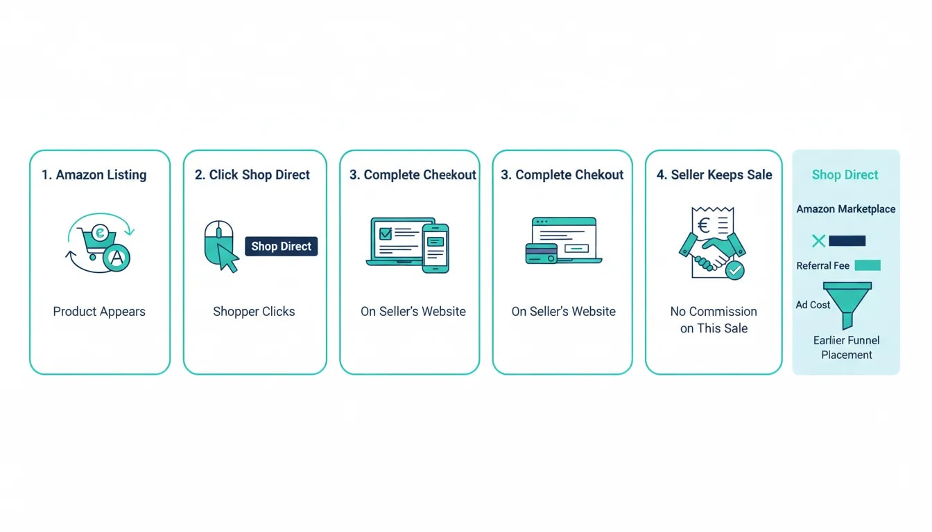 Infographic showing how Amazon Shop Direct sends shoppers from Amazon listings to a seller website to complete checkout without Amazon commission