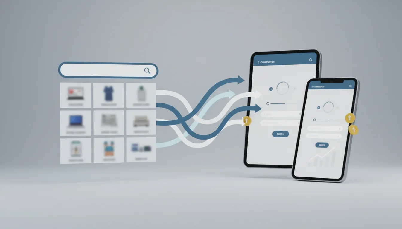 Illustration of a sales funnel showing shoppers moving from an online marketplace on the left to a seller checkout on the right, with subtle ROI cues and no text.