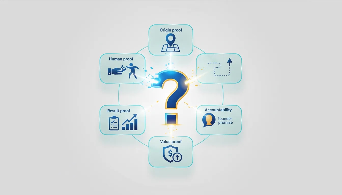 Illustration showing e-commerce trust signals—human, origin, result, accountability, and value proof—to help buyers stop guessing in 2026.