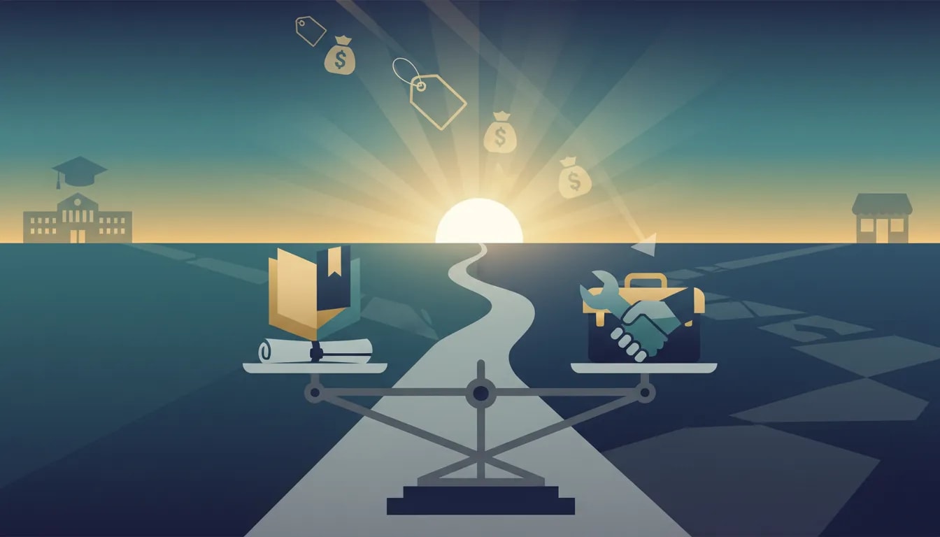 Illustration of a balanced decision between college and skilled trades in 2026, shown with a scale over a split sunrise path toward campus and trade/service silhouettes