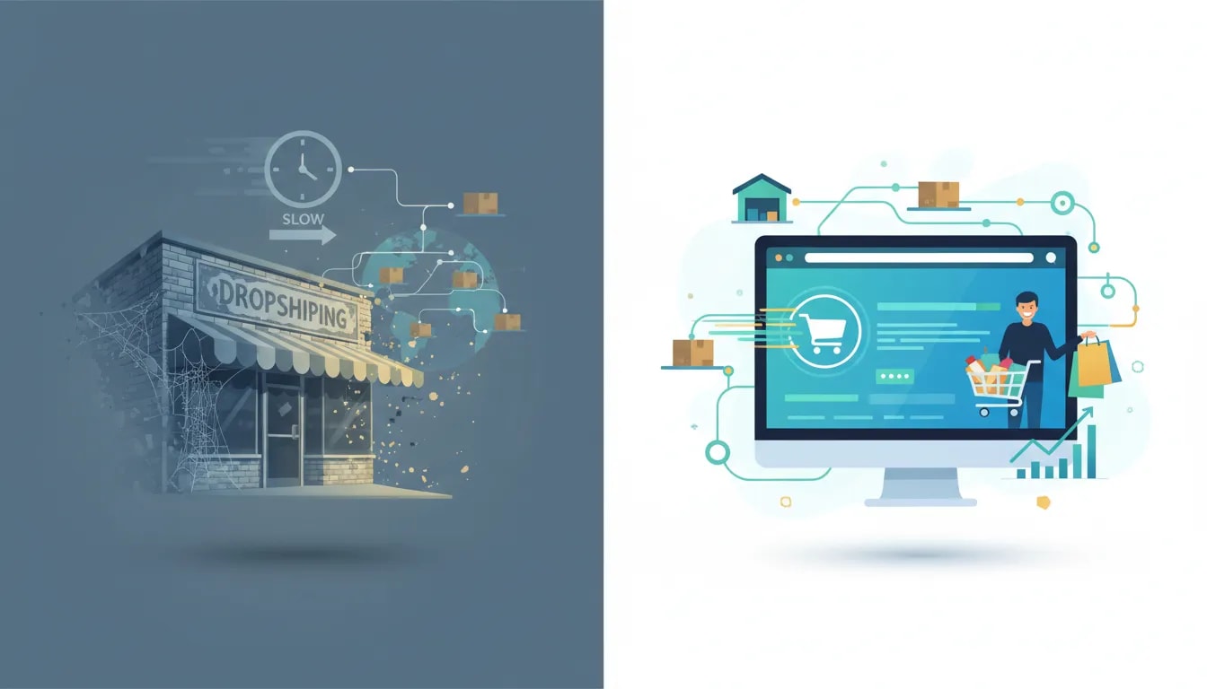 Illustration showing the shift from an outdated dropshipping model with slow shipping to a modern fast, reliable e-commerce supply chain for 2026.