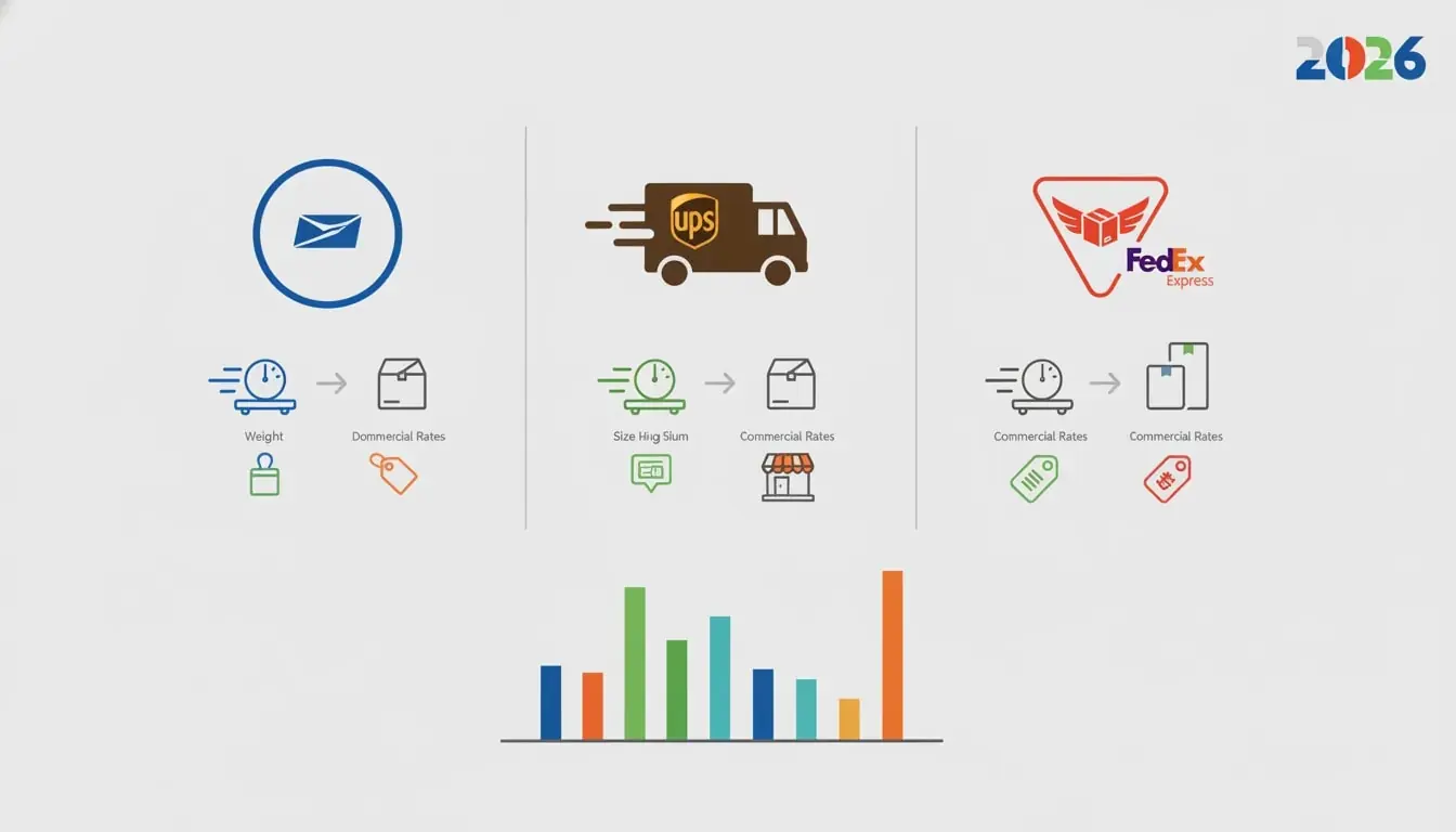 Illustration comparing ecommerce shipping options for 2026, showing USPS, UPS, and FedEx with icons for weight, speed, box size, and commercial rates.