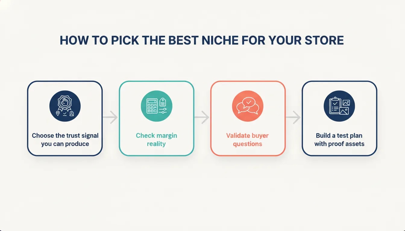 Infographic showing a four-step process to pick a profitable e-commerce niche: choose a trust signal, check margin math, validate buyer questions, and build a test plan with proof assets.