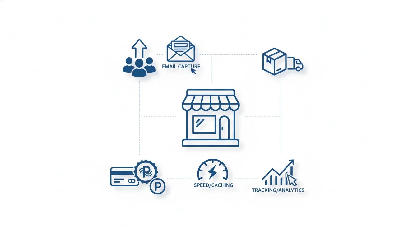 Minimalist icon illustration of a lean WooCommerce ecommerce launch stack with traffic, email capture, payments, speed, tracking, and shipping (no text).