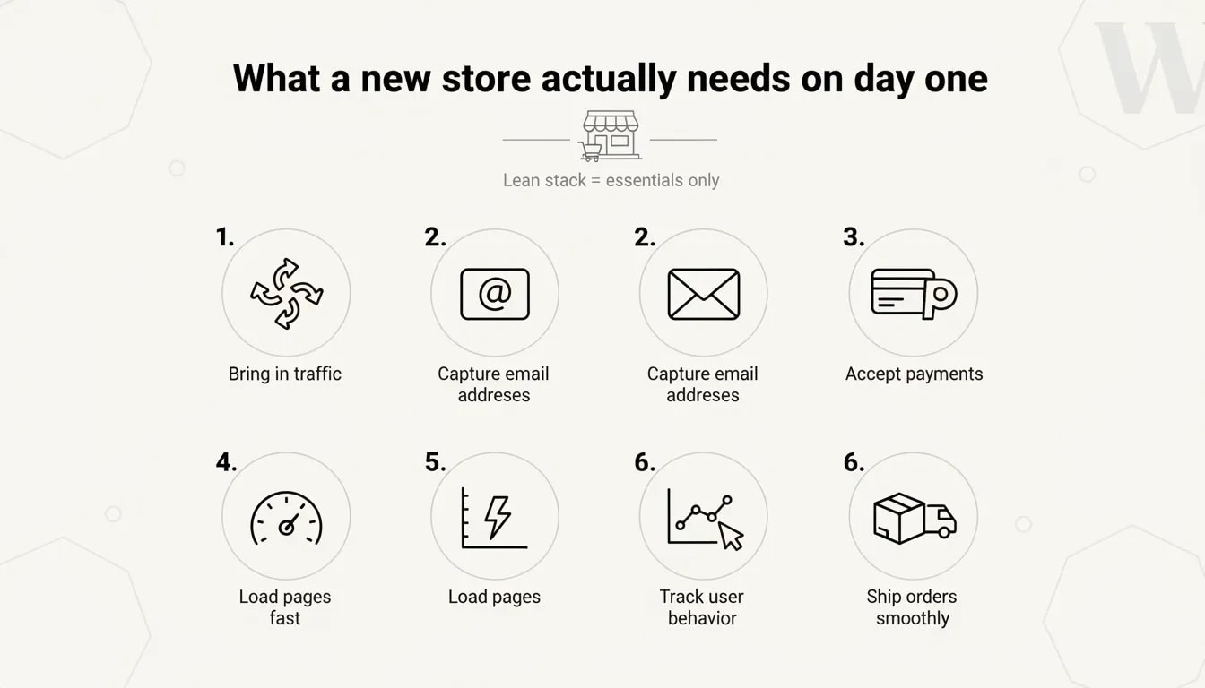 Infographic showing the six essential jobs a new WooCommerce store should set up on day one: traffic, email capture, multiple payments, speed, tracking, and shipping.