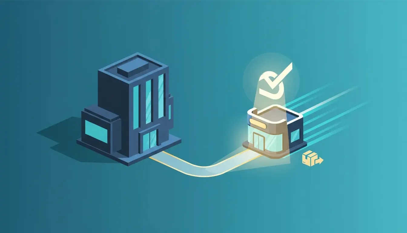Illustration of a small agile ecommerce store winning against big brands, highlighted by a beam of light representing clarity and fast, streamlined service