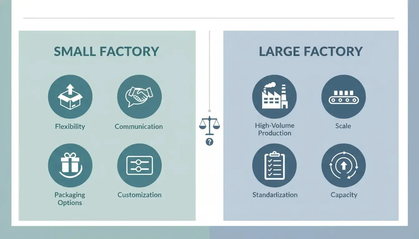 Illustration comparing small factories and large factories for ecommerce product sourcing, highlighting flexibility and lower minimums versus scale and standardized processes.